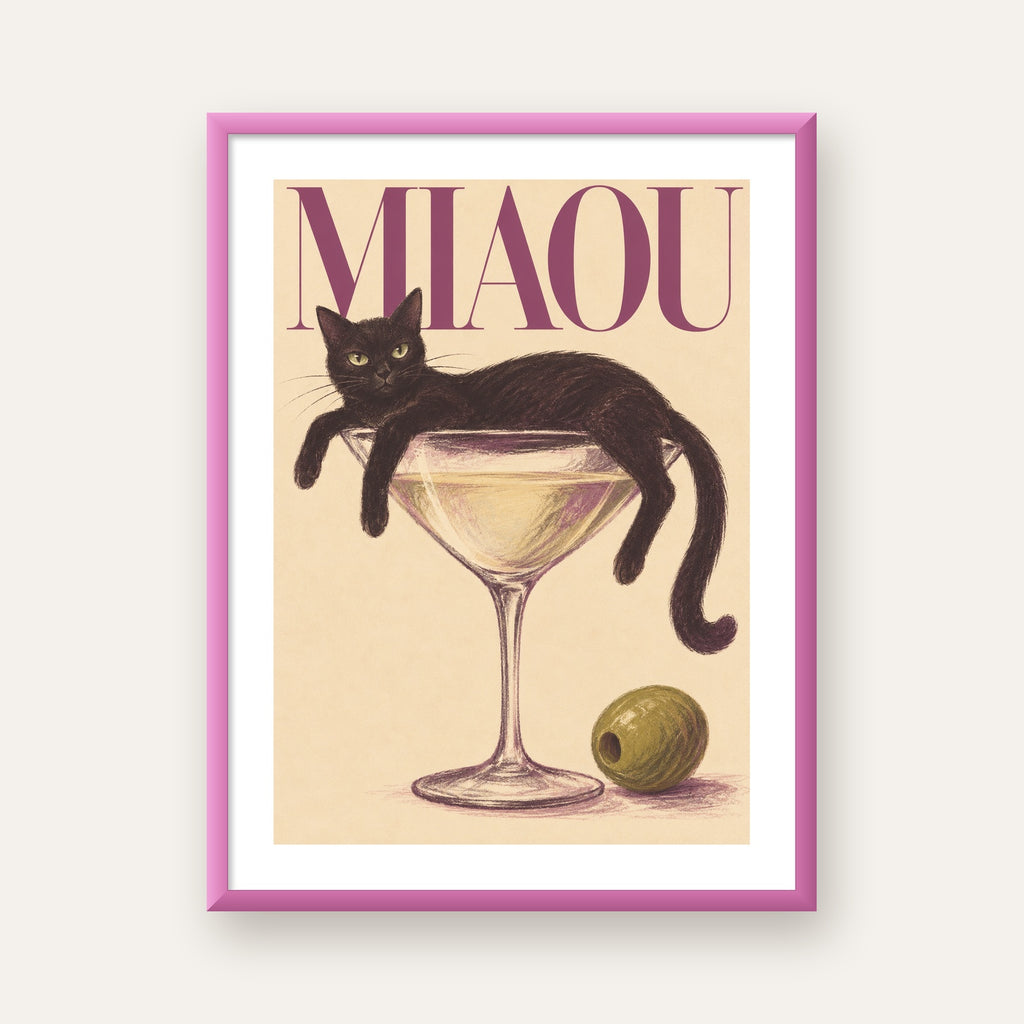 Martini Bardaklı Siyah Kedi Poster – Modern Dekor, Miaou Yazılı — pembe çerçeveli paspartulu