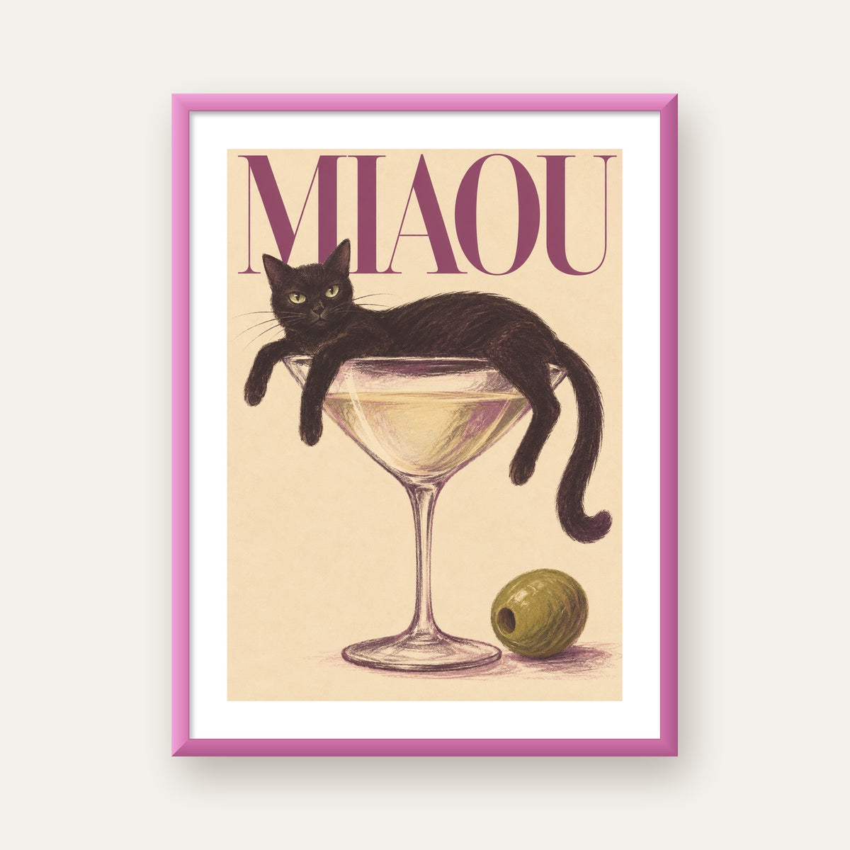 Martini Bardaklı Siyah Kedi Poster – Modern Dekor, Miaou Yazılı — pembe çerçeveli paspartulu