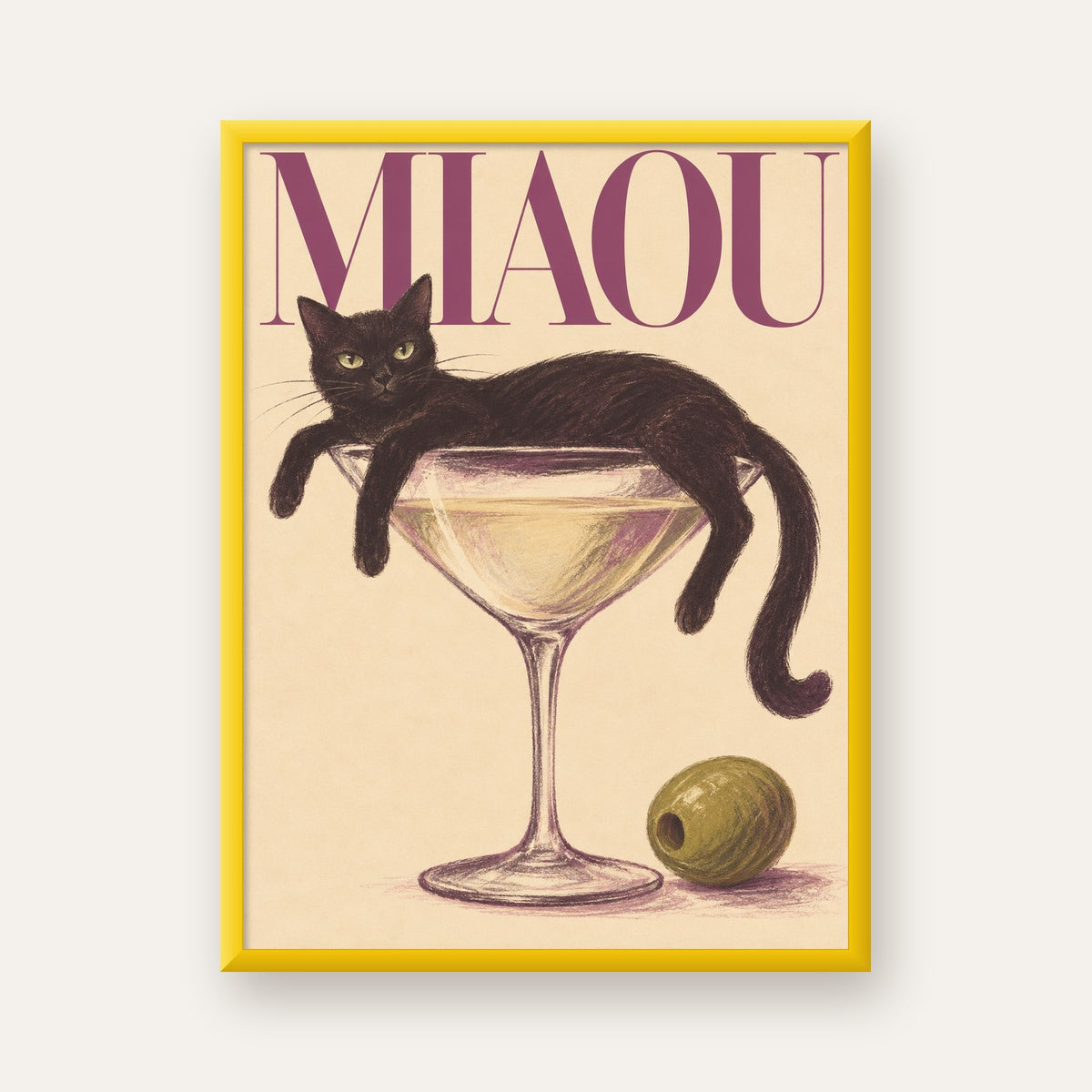 Martini Bardaklı Siyah Kedi Poster – Modern Dekor, Miaou Yazılı — sarı çerçeveli