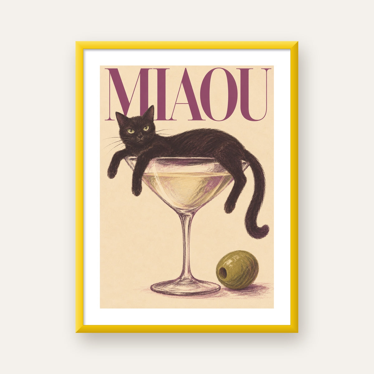 Martini Bardaklı Siyah Kedi Poster – Modern Dekor, Miaou Yazılı — sarı çerçeveli paspartulu