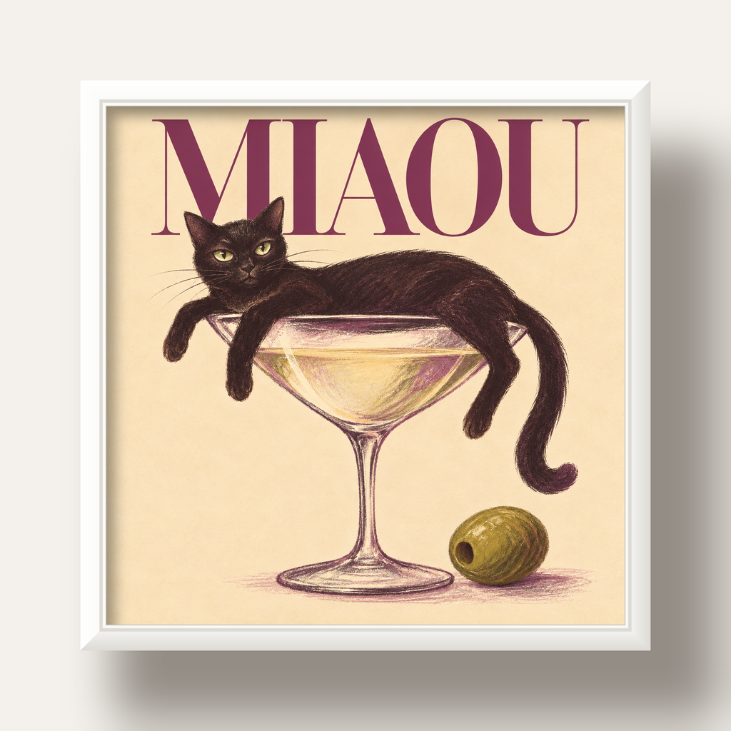 Martini Bardaklı Siyah Kedi Poster – Modern Dekor, Miaou Yazılı — beyaz derin çerçeveli
