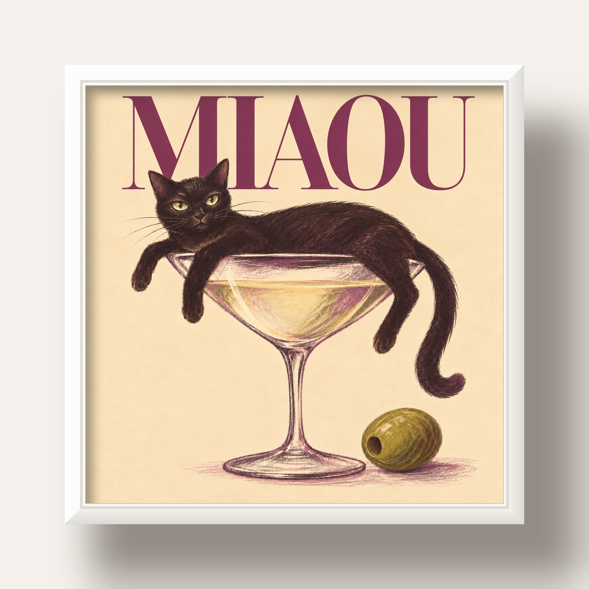 Martini Bardaklı Siyah Kedi Poster – Modern Dekor, Miaou Yazılı — beyaz derin çerçeveli