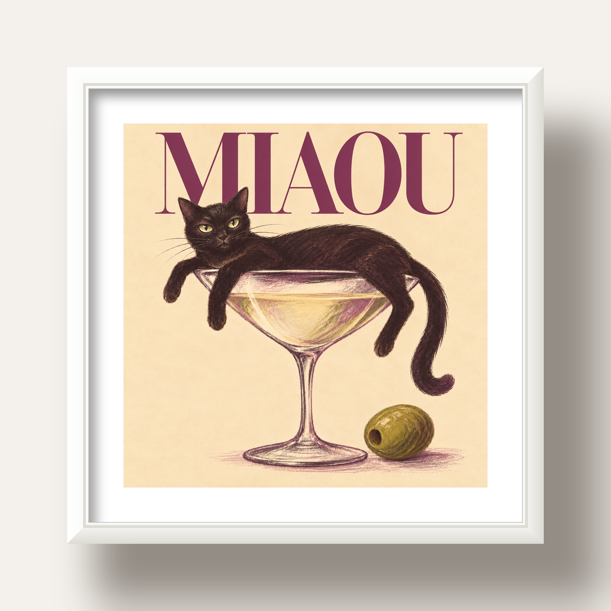 Martini Bardaklı Siyah Kedi Poster – Modern Dekor, Miaou Yazılı — beyaz derin çerçeveli paspartulu