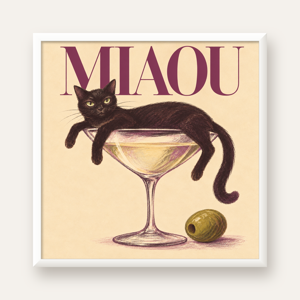 Martini Bardaklı Siyah Kedi Poster – Modern Dekor, Miaou Yazılı — beyaz çerçeveli kare poster