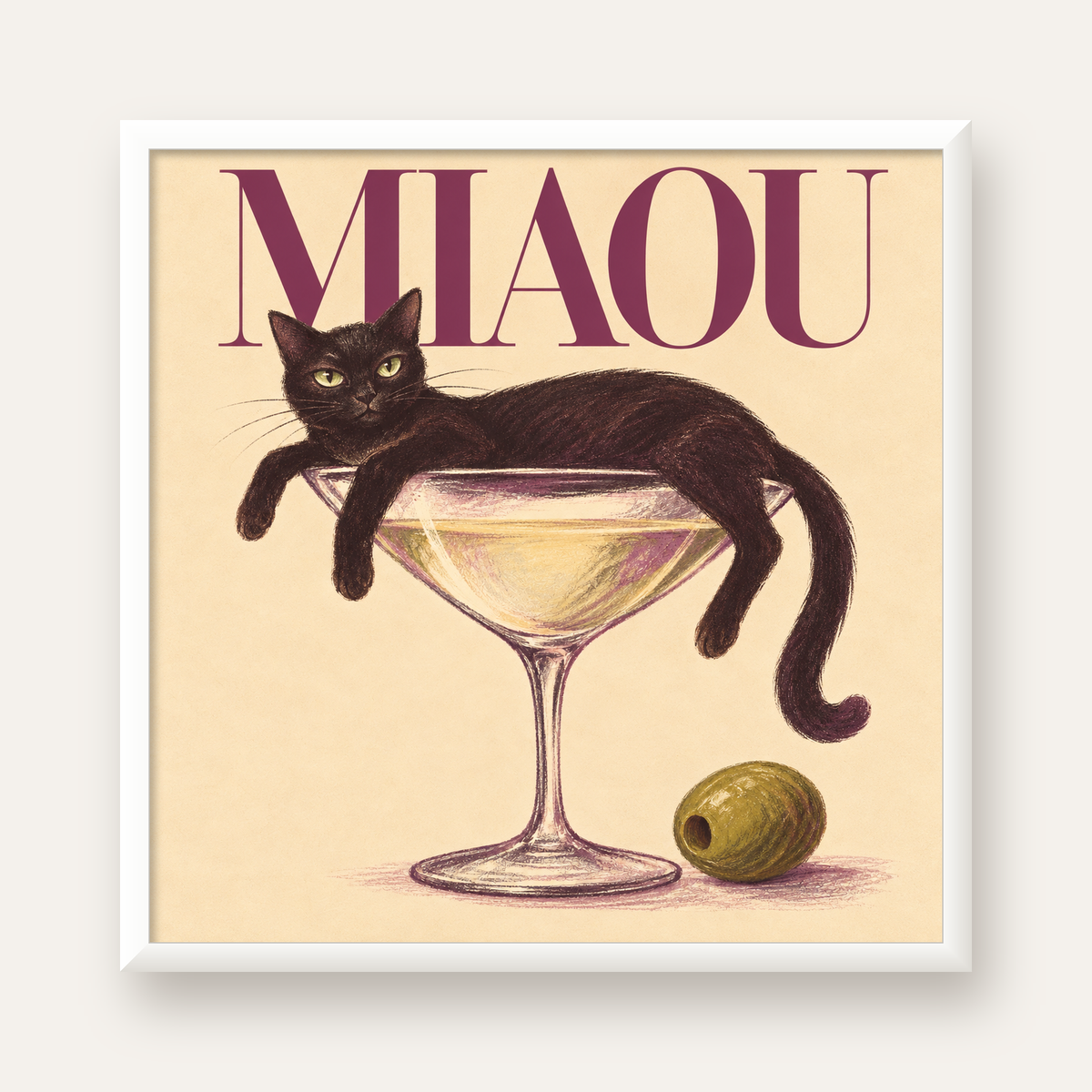 Martini Bardaklı Siyah Kedi Poster – Modern Dekor, Miaou Yazılı — beyaz çerçeveli kare poster