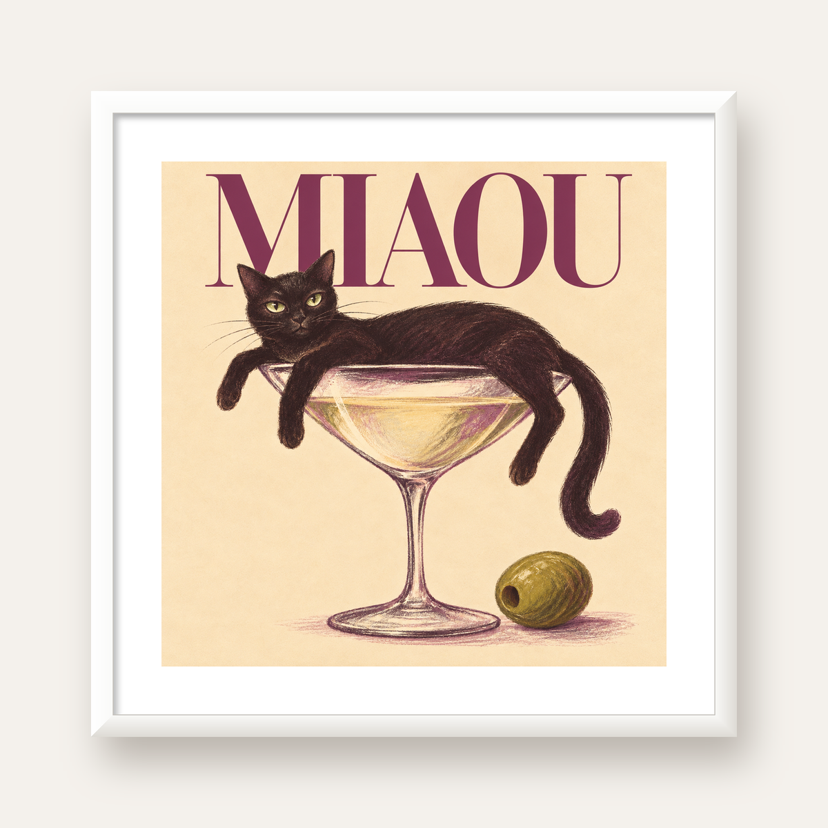 Martini Bardaklı Siyah Kedi Poster – Modern Dekor, Miaou Yazılı — beyaz çerçeveli kare poster
