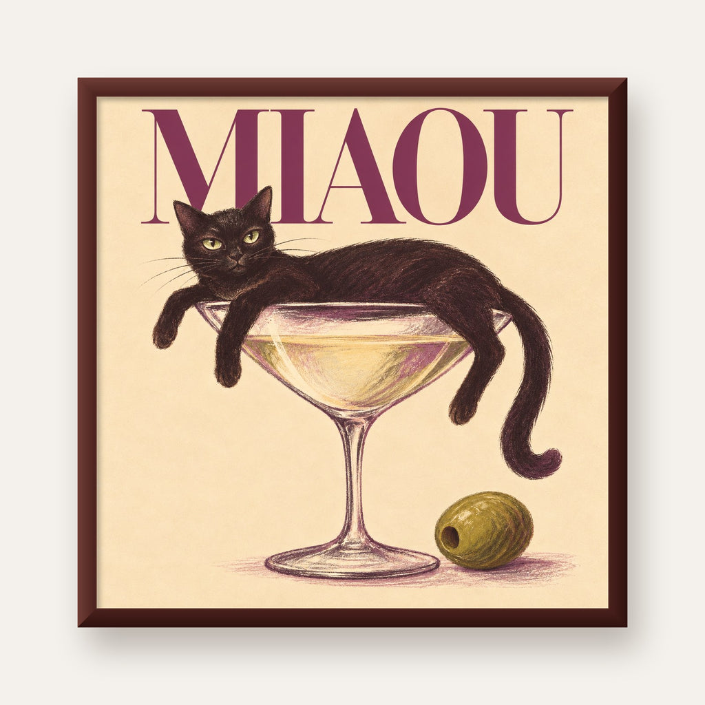 Martini Bardaklı Siyah Kedi Poster – Modern Dekor, Miaou Yazılı — ceviz çerçeveli