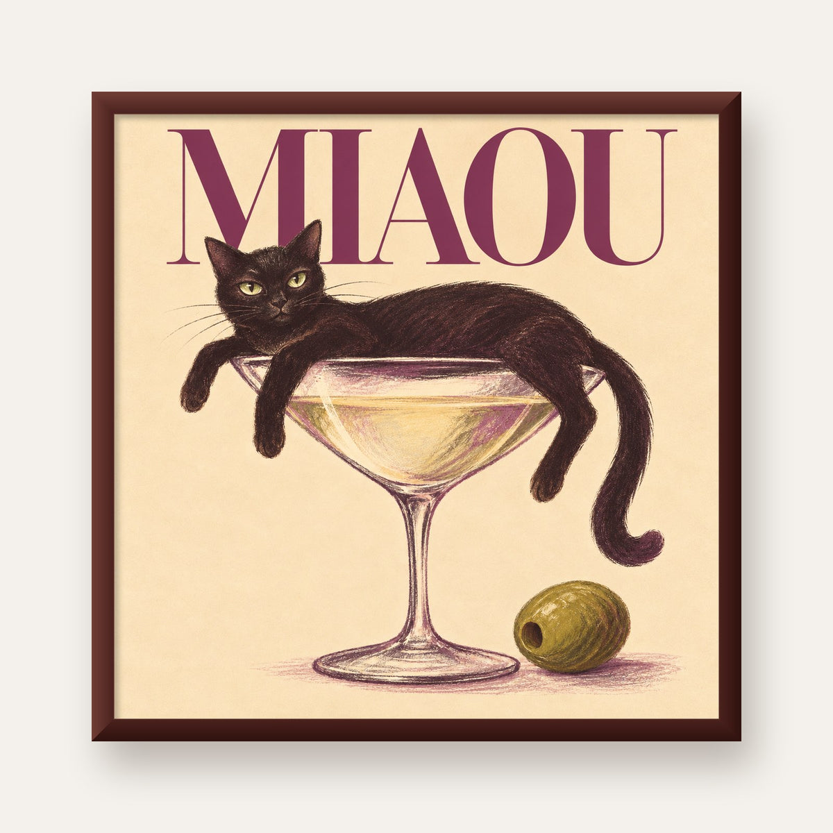 Martini Bardaklı Siyah Kedi Poster – Modern Dekor, Miaou Yazılı — ceviz çerçeveli