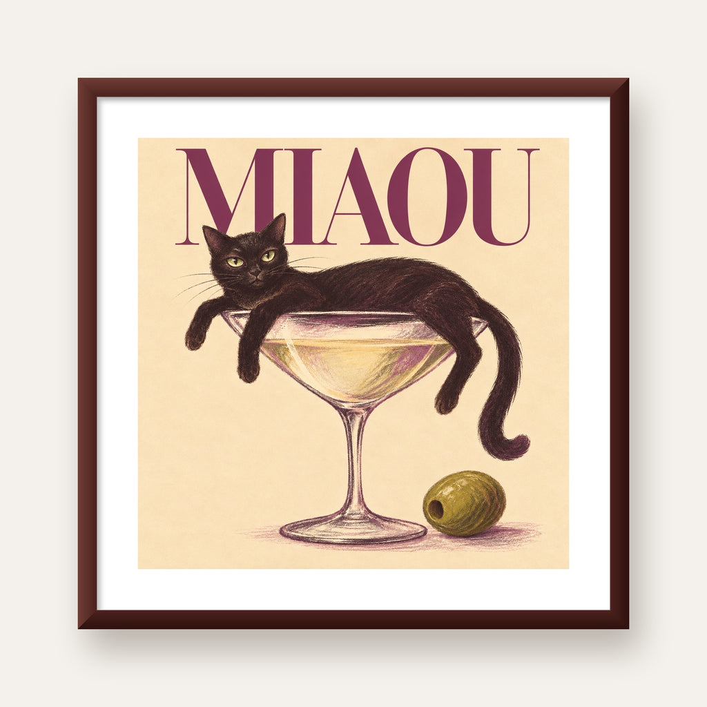 Martini Bardaklı Siyah Kedi Poster – Modern Dekor, Miaou Yazılı — ceviz çerçeveli paspartulu