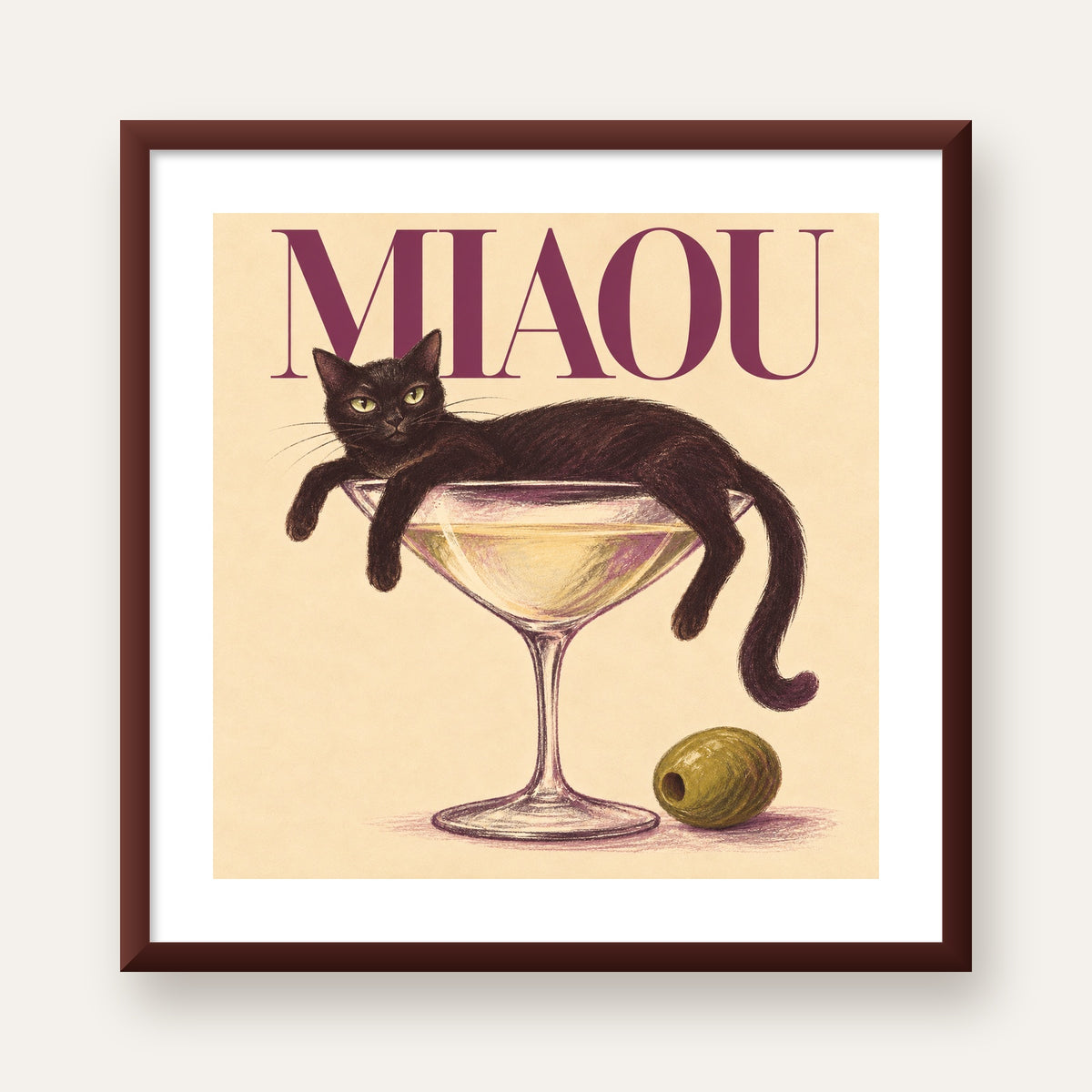 Martini Bardaklı Siyah Kedi Poster – Modern Dekor, Miaou Yazılı — ceviz çerçeveli paspartulu