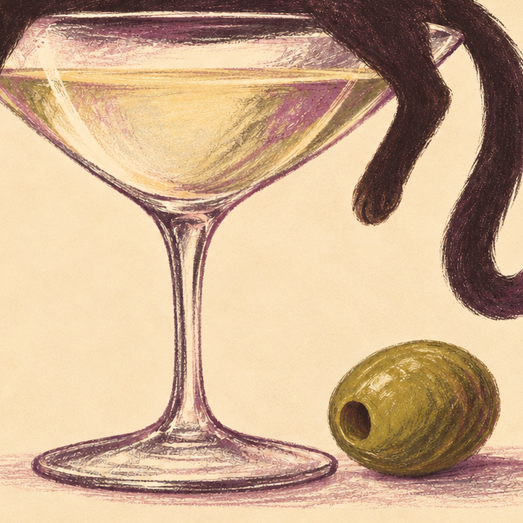 Martini Bardaklı Siyah Kedi Poster – Modern Dekor, Miaou Yazılı — baskının yakın çekimi, kâğıt dokusu ve renk detayı