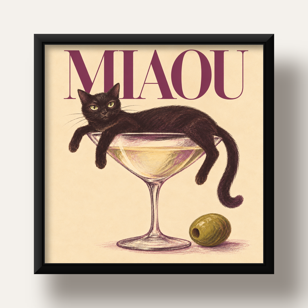Martini Bardaklı Siyah Kedi Poster – Modern Dekor, Miaou Yazılı — siyah derin çerçeveli
