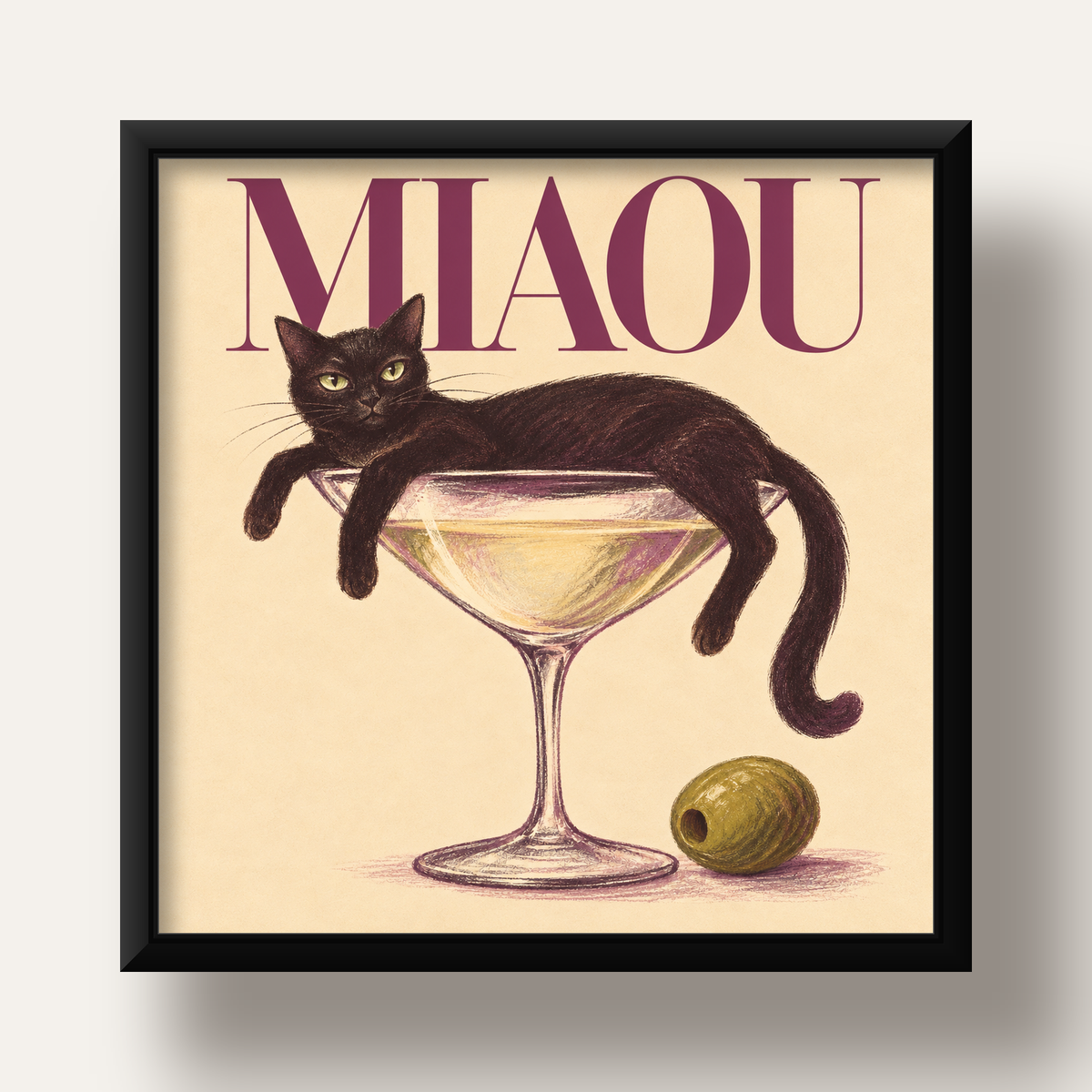 Martini Bardaklı Siyah Kedi Poster – Modern Dekor, Miaou Yazılı — siyah derin çerçeveli