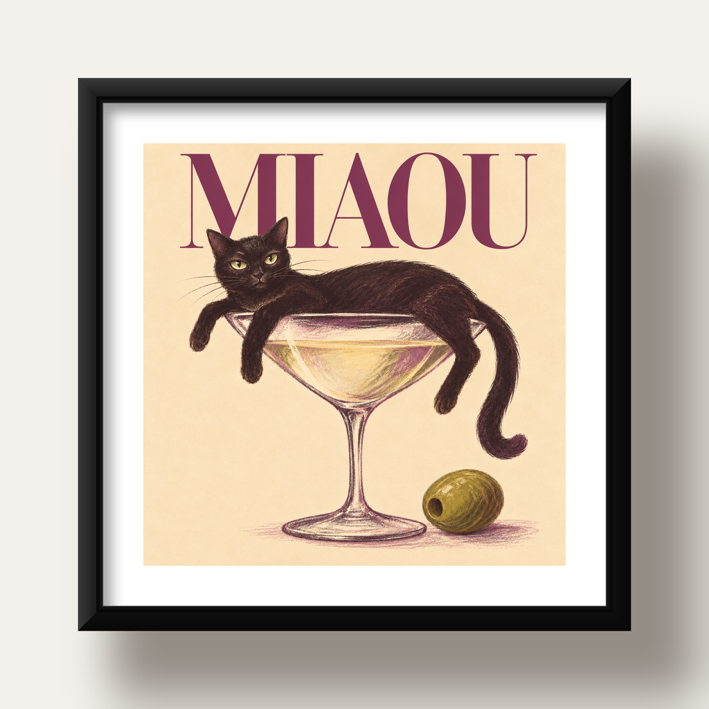 Martini Bardaklı Siyah Kedi Poster – Modern Dekor, Miaou Yazılı — siyah derin çerçeveli paspartulu