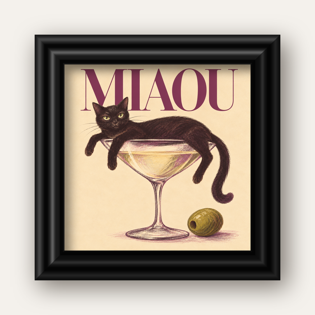Martini Bardaklı Siyah Kedi Poster – Modern Dekor, Miaou Yazılı — siyah galeri çerçeveli