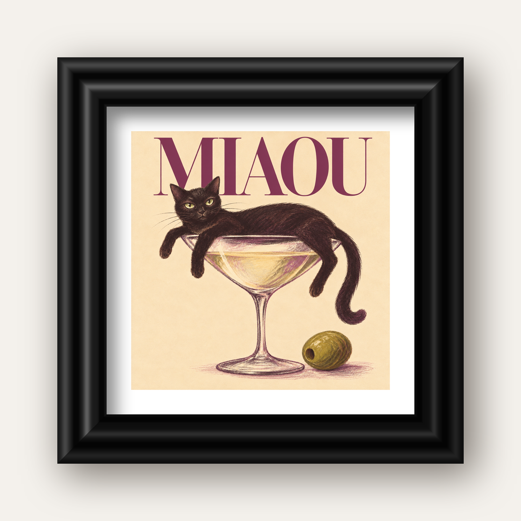 Martini Bardaklı Siyah Kedi Poster – Modern Dekor, Miaou Yazılı — siyah galeri çerçeveli paspartulu