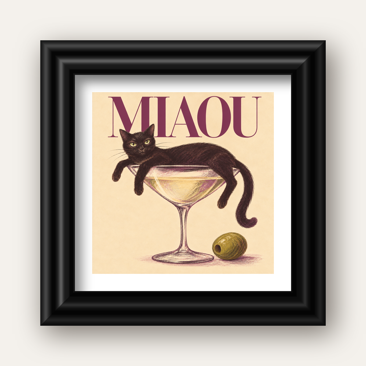 Martini Bardaklı Siyah Kedi Poster – Modern Dekor, Miaou Yazılı — siyah galeri çerçeveli paspartulu