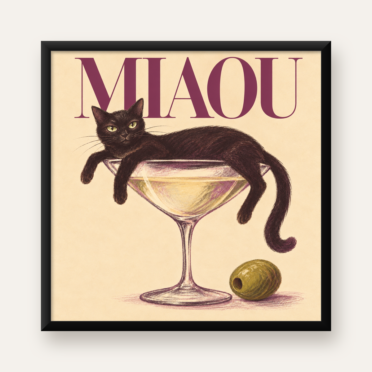 Martini Bardaklı Siyah Kedi Poster – Modern Dekor, Miaou Yazılı — Kare baskı, düz siyah çerçeveli duvar posteri