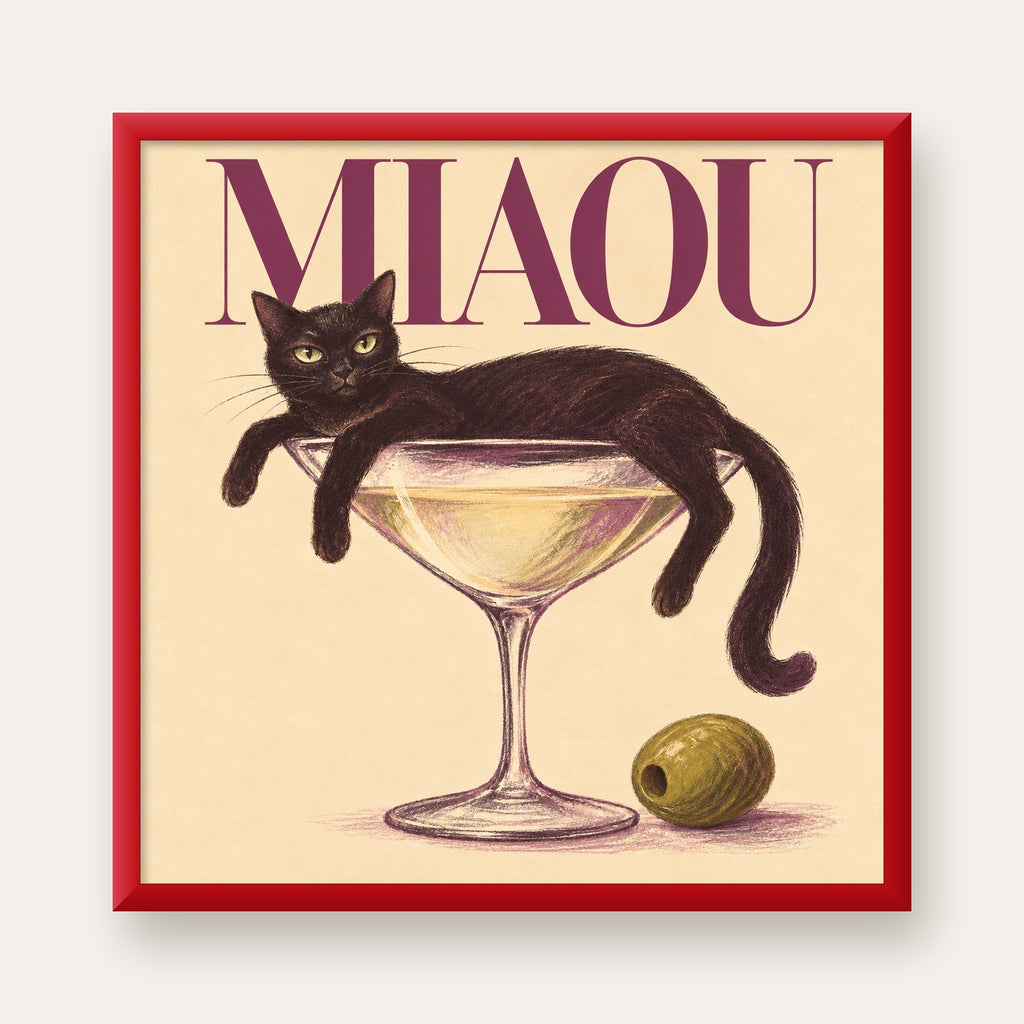 Martini Bardaklı Siyah Kedi Poster – Modern Dekor, Miaou Yazılı — kırmızı çerçeveli