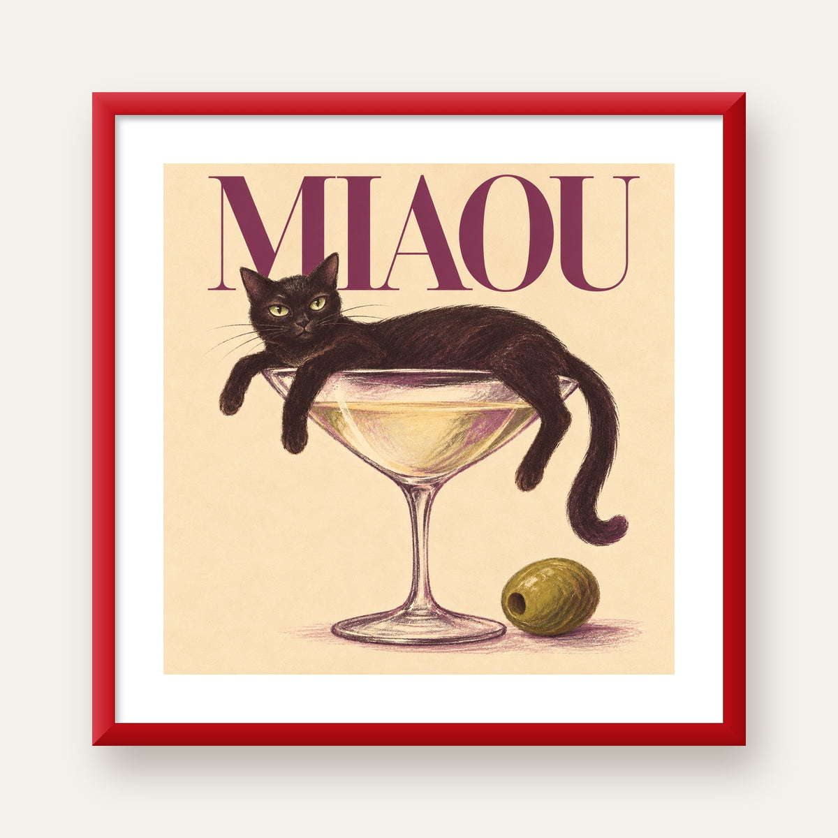 Martini Bardaklı Siyah Kedi Poster – Modern Dekor, Miaou Yazılı — kırmızı çerçeveli paspartulu