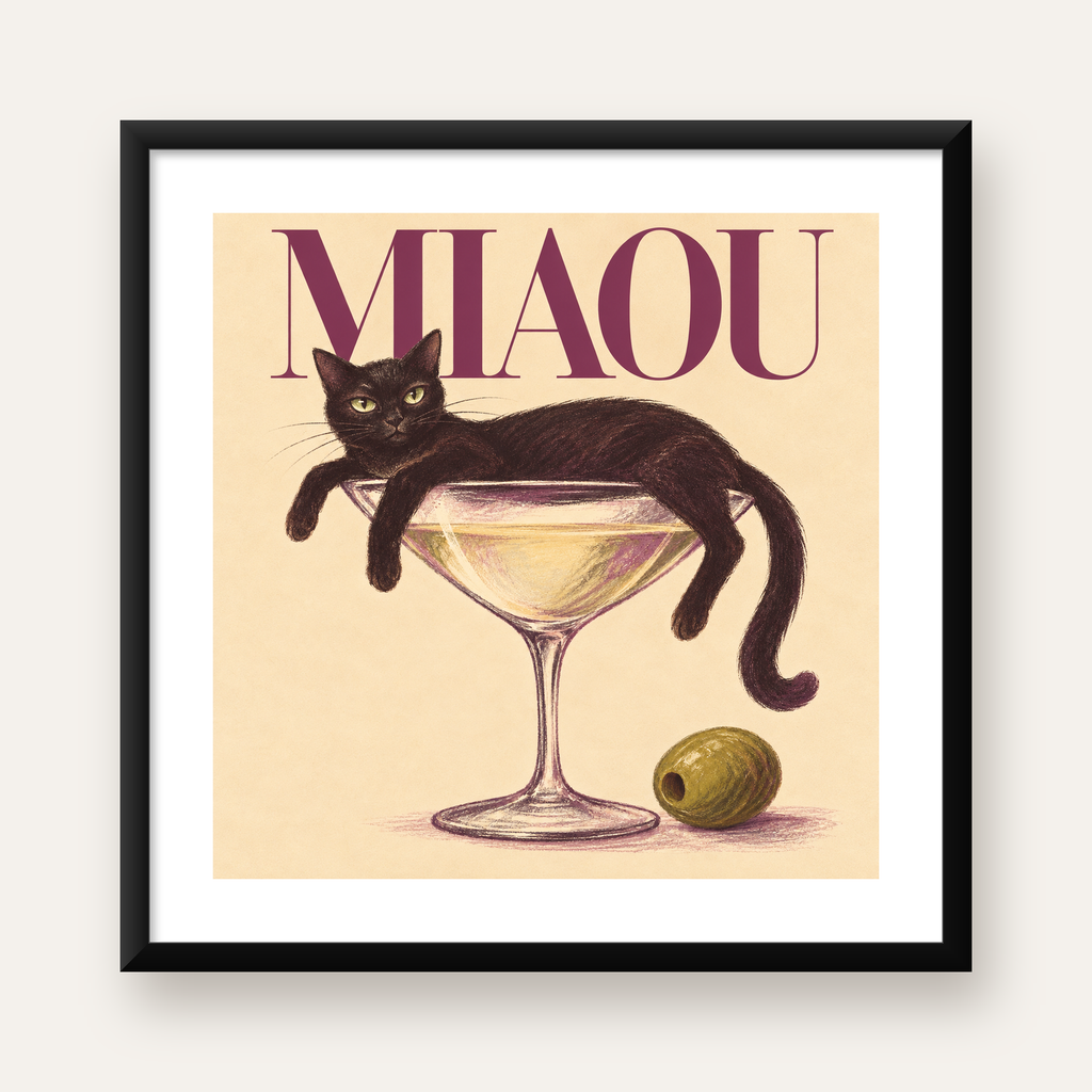 Martini Bardaklı Siyah Kedi Poster – Modern Dekor, Miaou Yazılı — Kare baskı, beyaz kenar boşluklu