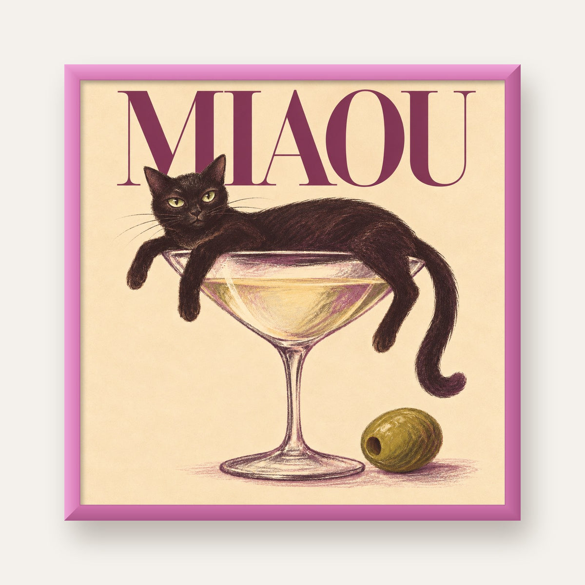 Martini Bardaklı Siyah Kedi Poster – Modern Dekor, Miaou Yazılı — pembe çerçeveli