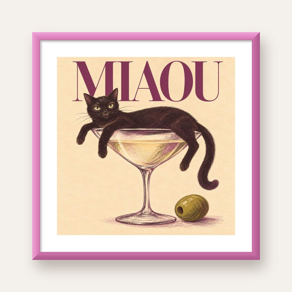 Martini Bardaklı Siyah Kedi Poster – Modern Dekor, Miaou Yazılı — pembe çerçeveli paspartulu