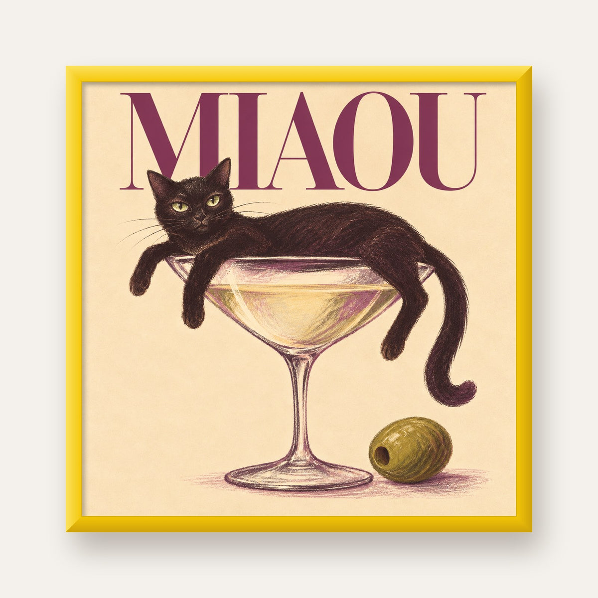 Martini Bardaklı Siyah Kedi Poster – Modern Dekor, Miaou Yazılı — sarı çerçeveli