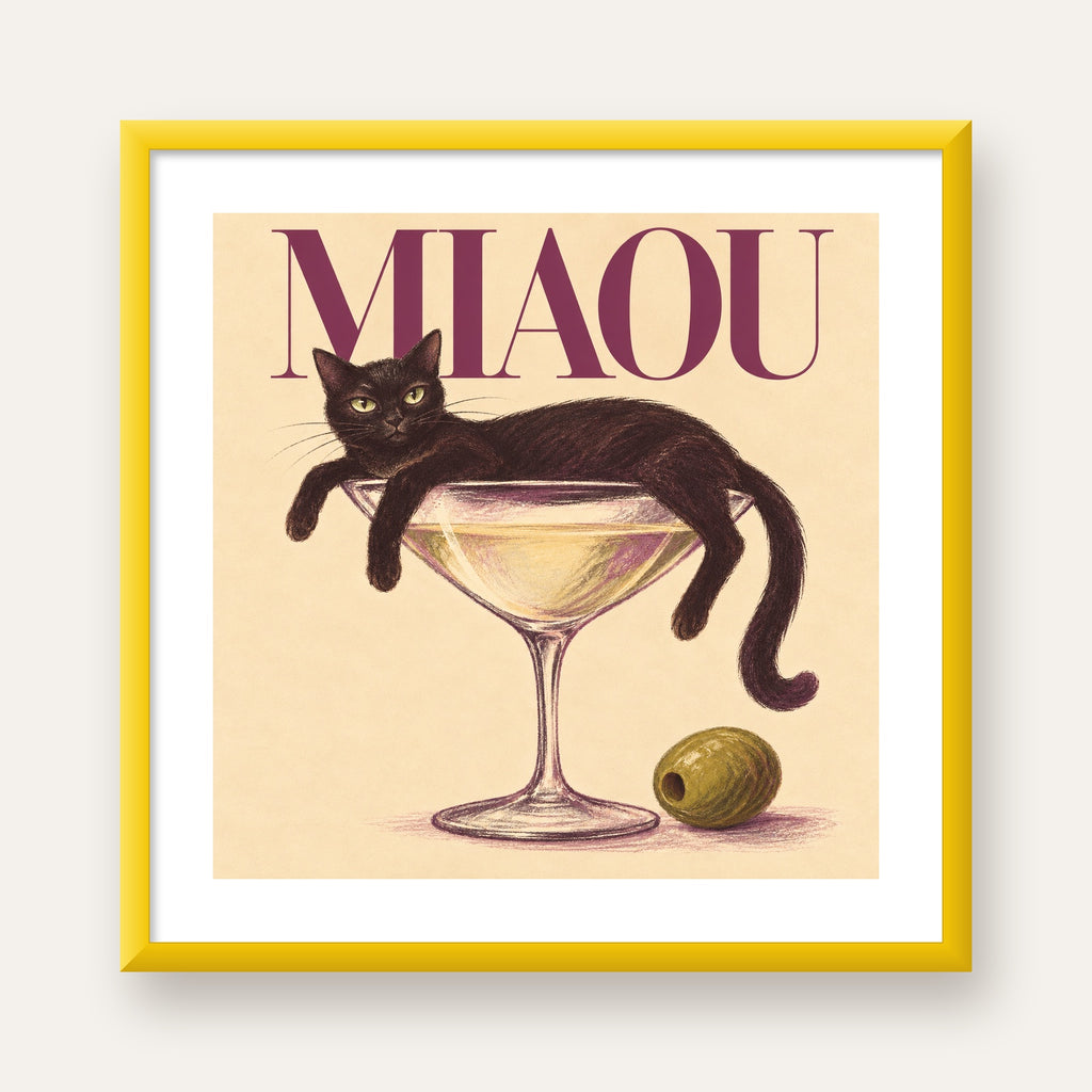 Martini Bardaklı Siyah Kedi Poster – Modern Dekor, Miaou Yazılı — sarı çerçeveli paspartulu