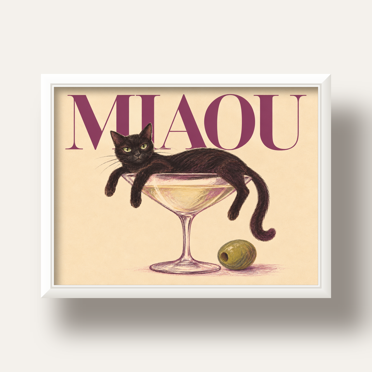 Martini Bardaklı Siyah Kedi Poster – Modern Dekor, Miaou Yazılı — beyaz derin çerçeveli