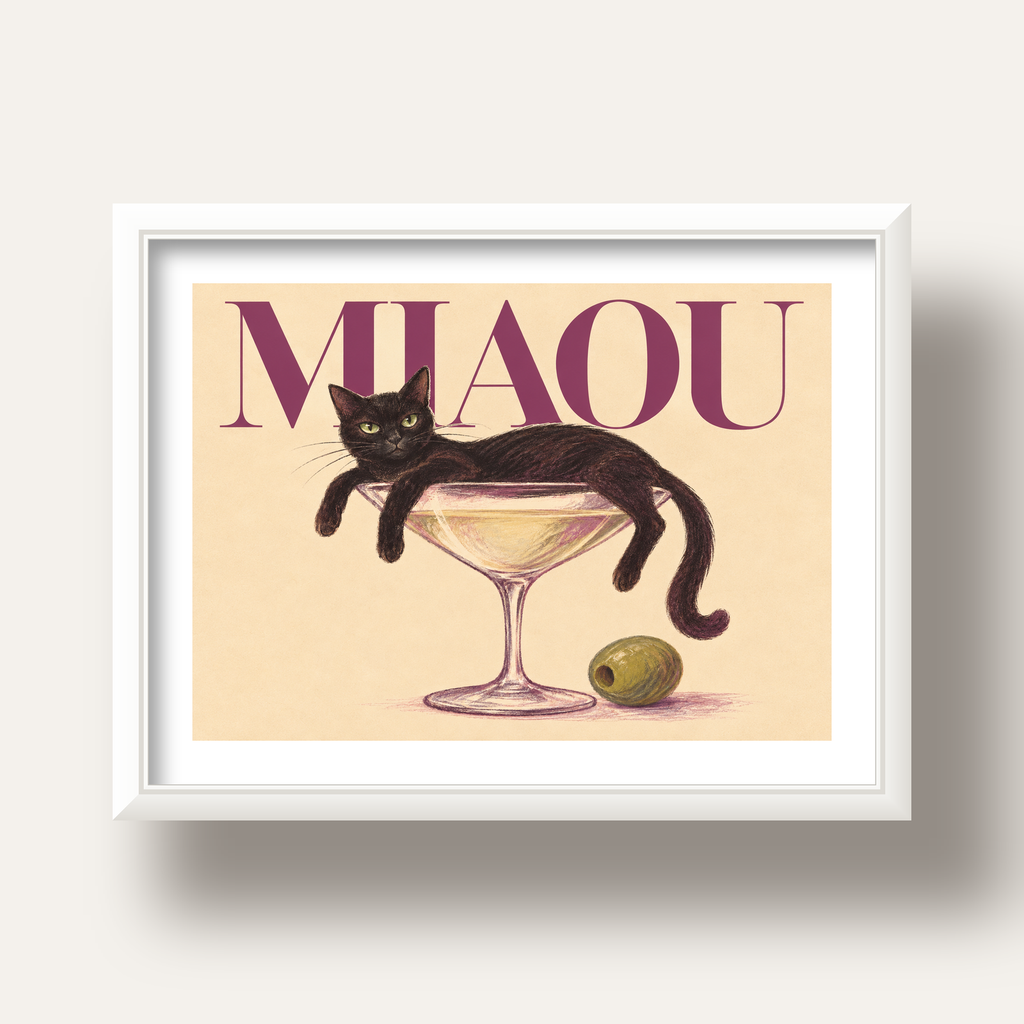 Martini Bardaklı Siyah Kedi Poster – Modern Dekor, Miaou Yazılı — beyaz derin çerçeveli paspartulu