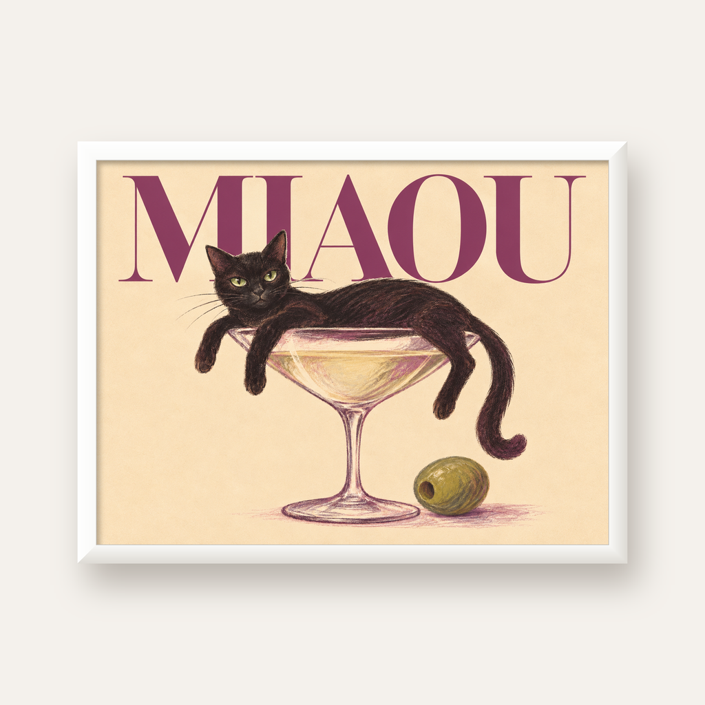 Martini Bardaklı Siyah Kedi Poster – Modern Dekor, Miaou Yazılı — beyaz çerçeveli yatay poster