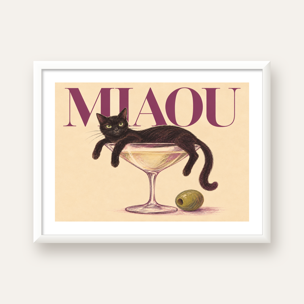 Martini Bardaklı Siyah Kedi Poster – Modern Dekor, Miaou Yazılı — beyaz çerçeveli yatay poster