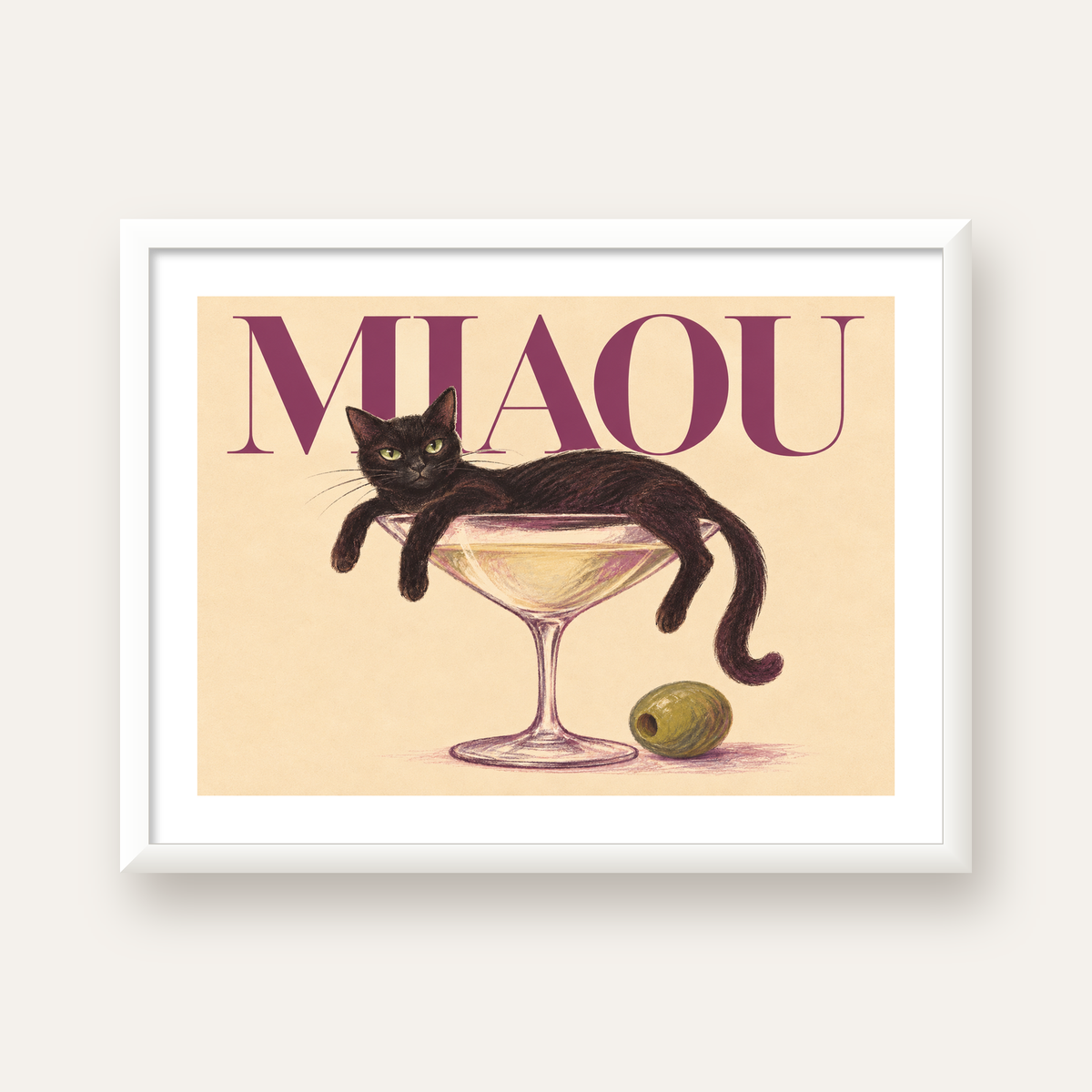 Martini Bardaklı Siyah Kedi Poster – Modern Dekor, Miaou Yazılı — beyaz çerçeveli yatay poster