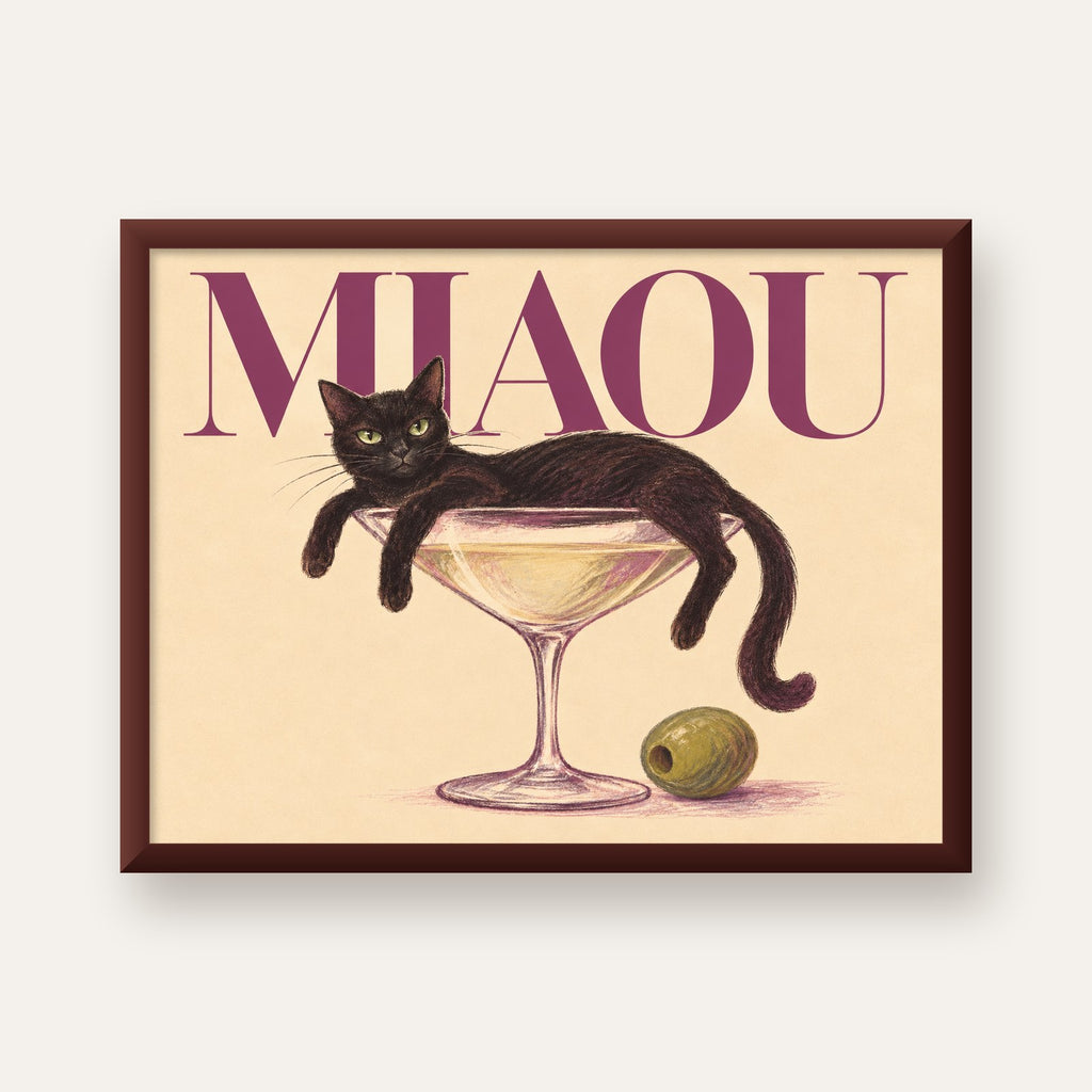 Martini Bardaklı Siyah Kedi Poster – Modern Dekor, Miaou Yazılı — ceviz çerçeveli