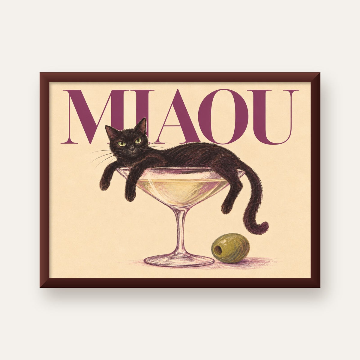 Martini Bardaklı Siyah Kedi Poster – Modern Dekor, Miaou Yazılı — ceviz çerçeveli