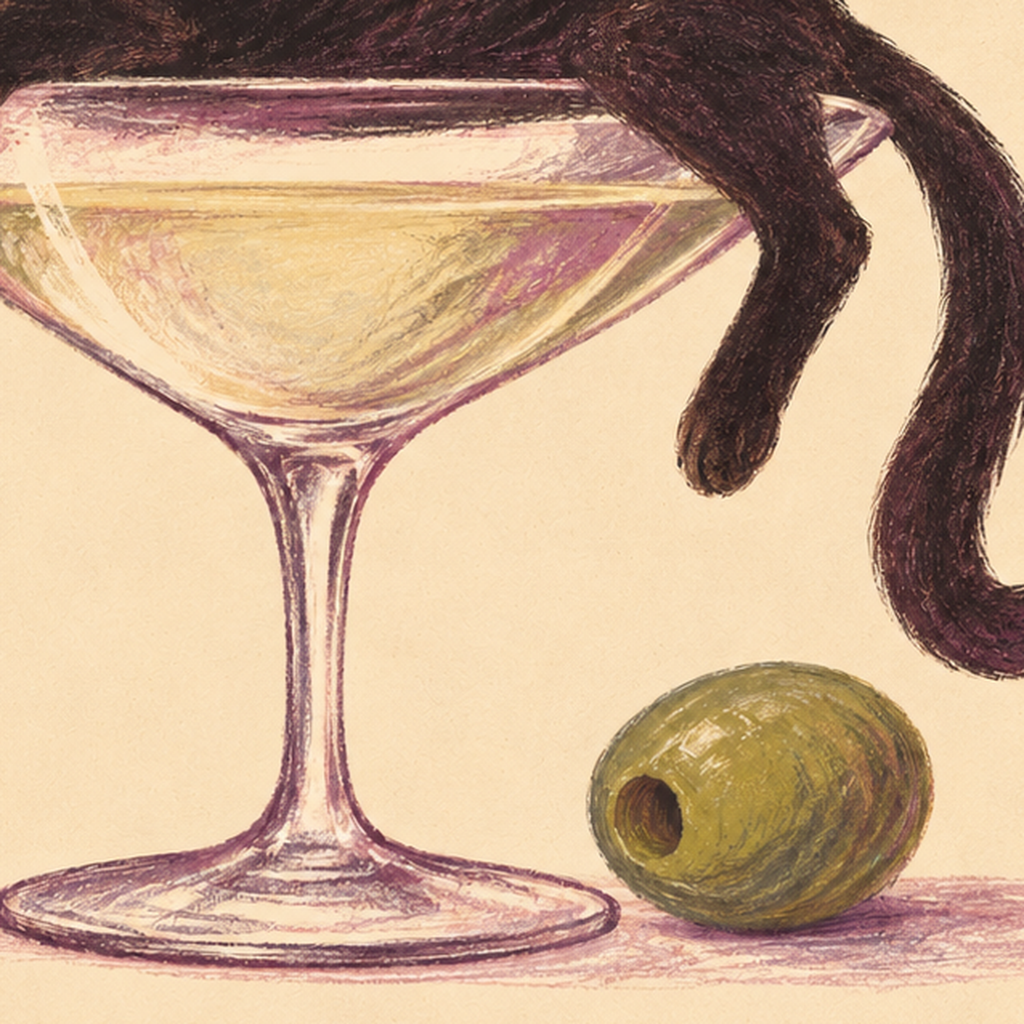 Martini Bardaklı Siyah Kedi Poster – Modern Dekor, Miaou Yazılı — baskının yakın çekimi, kâğıt dokusu ve renk detayı