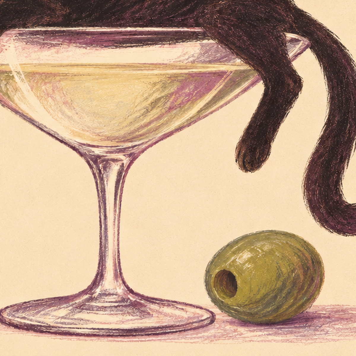 Martini Bardaklı Siyah Kedi Poster – Modern Dekor, Miaou Yazılı — baskının yakın çekimi, kâğıt dokusu ve renk detayı
