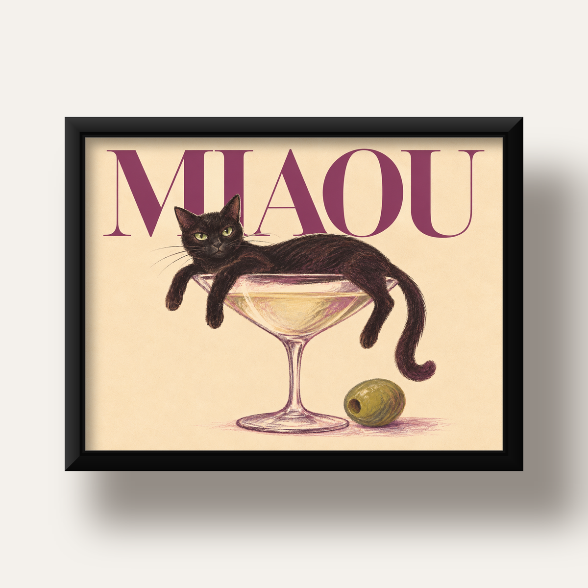 Martini Bardaklı Siyah Kedi Poster – Modern Dekor, Miaou Yazılı — siyah derin çerçeveli