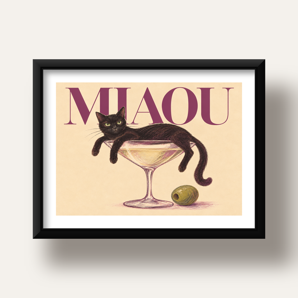 Martini Bardaklı Siyah Kedi Poster – Modern Dekor, Miaou Yazılı — siyah derin çerçeveli paspartulu