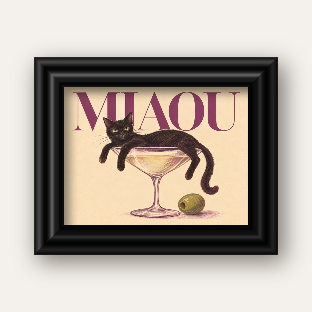 Martini Bardaklı Siyah Kedi Poster – Modern Dekor, Miaou Yazılı — siyah galeri çerçeveli
