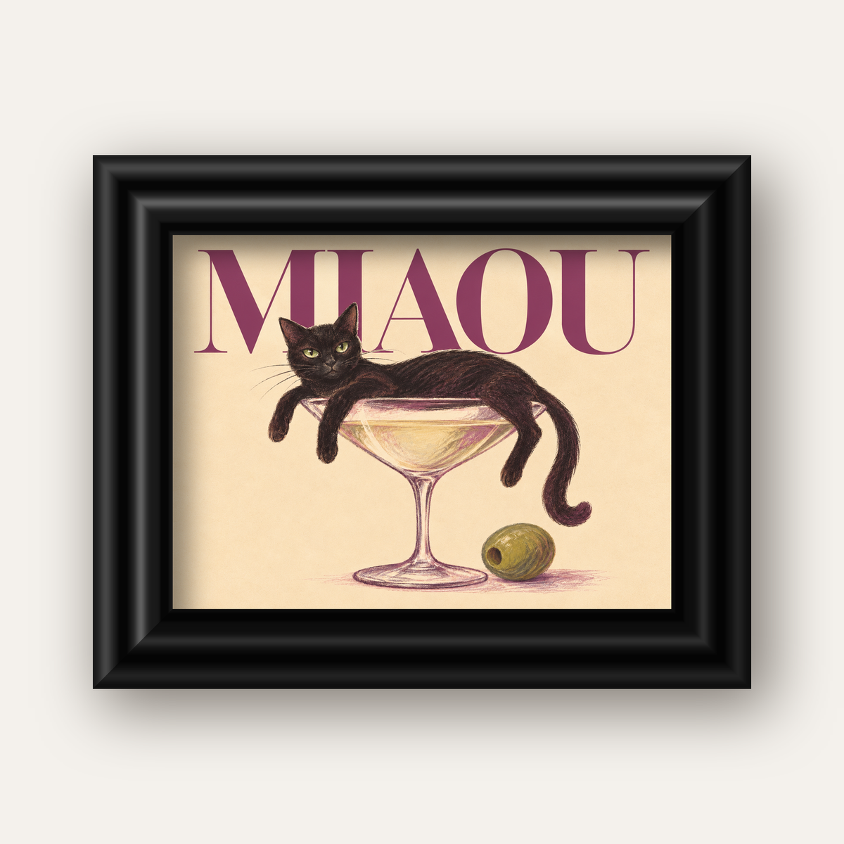 Martini Bardaklı Siyah Kedi Poster – Modern Dekor, Miaou Yazılı — siyah galeri çerçeveli