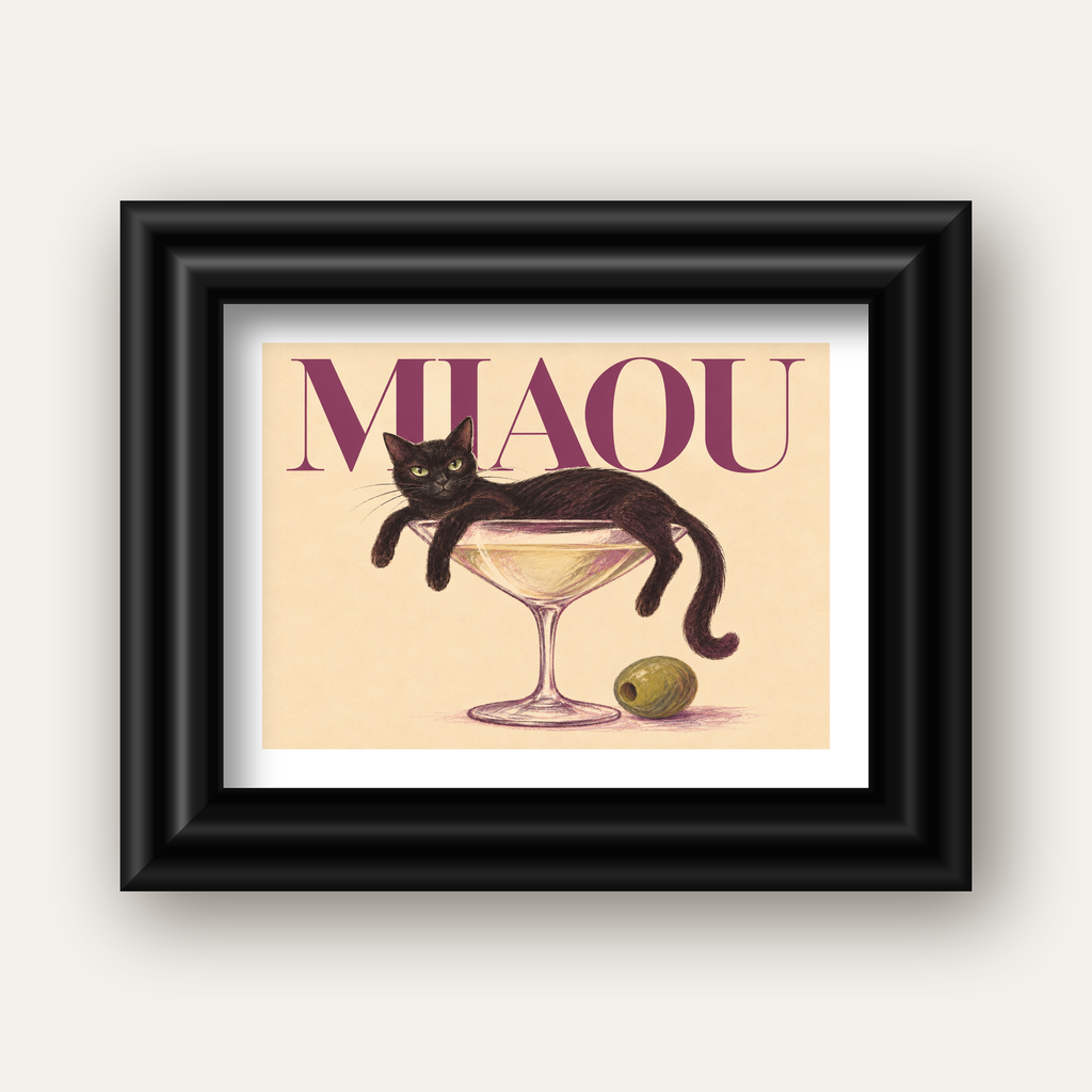 Martini Bardaklı Siyah Kedi Poster – Modern Dekor, Miaou Yazılı — siyah galeri çerçeveli paspartulu