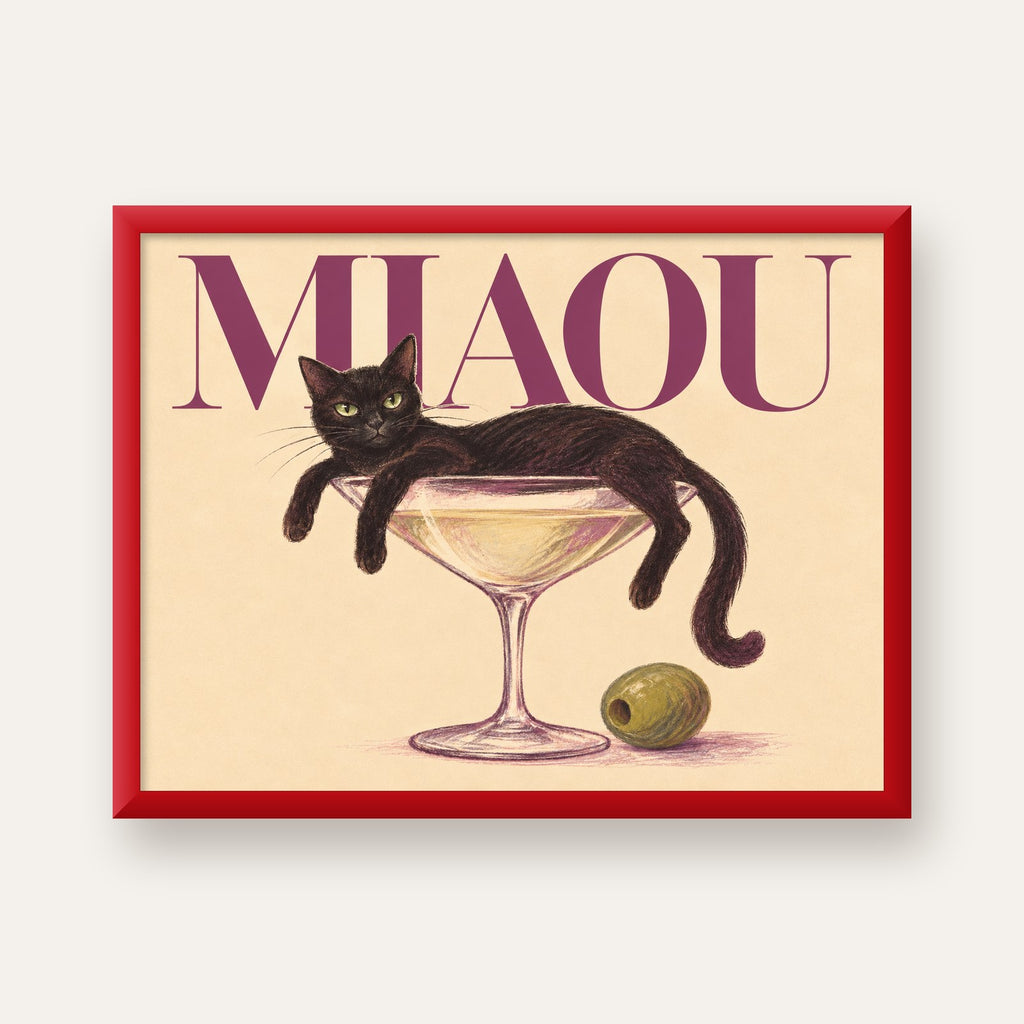 Martini Bardaklı Siyah Kedi Poster – Modern Dekor, Miaou Yazılı — kırmızı çerçeveli
