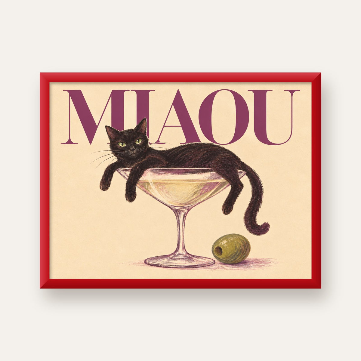 Martini Bardaklı Siyah Kedi Poster – Modern Dekor, Miaou Yazılı — kırmızı çerçeveli