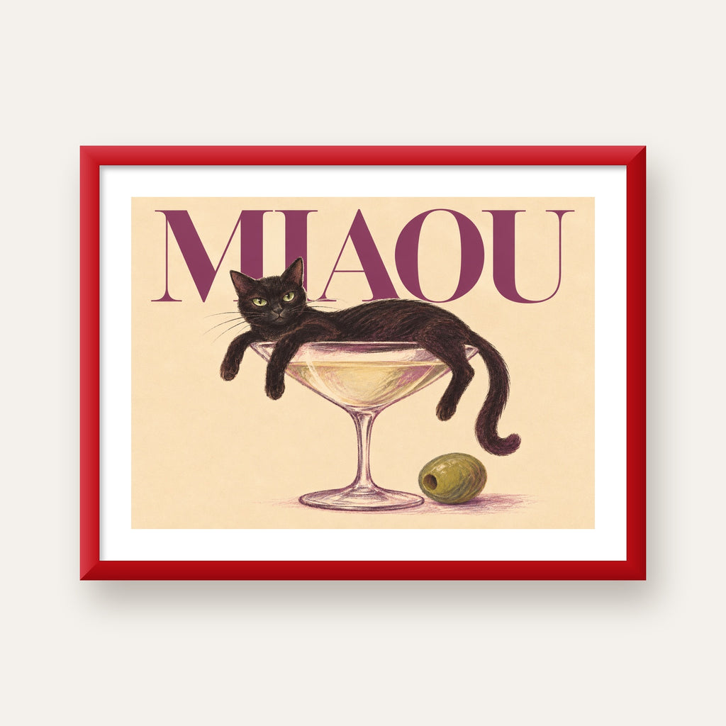 Martini Bardaklı Siyah Kedi Poster – Modern Dekor, Miaou Yazılı — kırmızı çerçeveli paspartulu