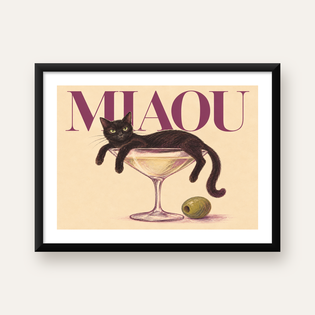 Martini Bardaklı Siyah Kedi Poster – Modern Dekor, Miaou Yazılı — Yatay baskı, beyaz kenar boşluklu