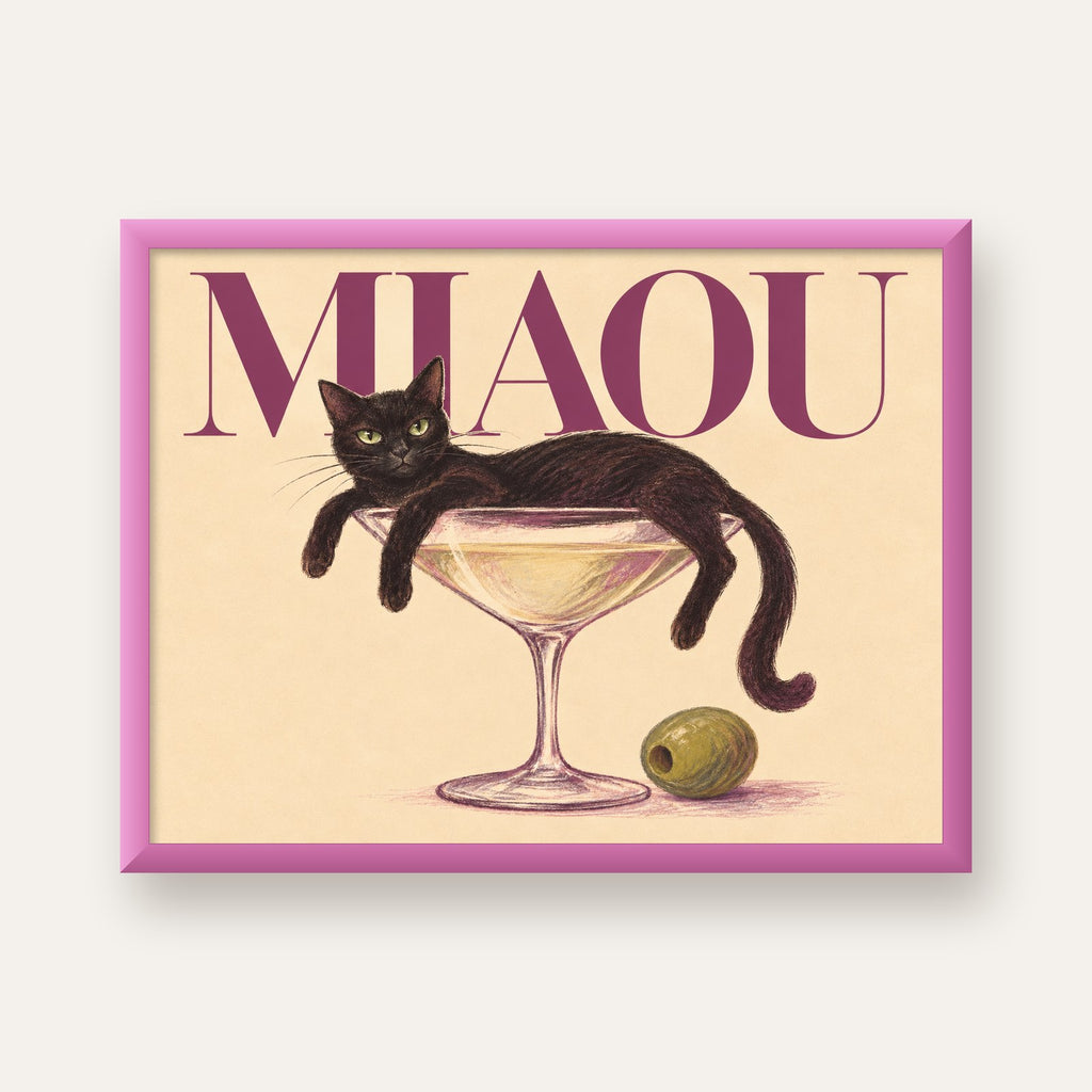 Martini Bardaklı Siyah Kedi Poster – Modern Dekor, Miaou Yazılı — pembe çerçeveli