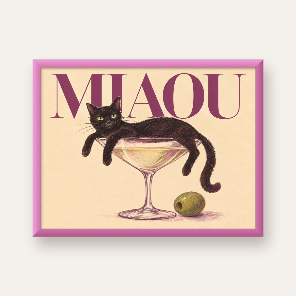 Martini Bardaklı Siyah Kedi Poster – Modern Dekor, Miaou Yazılı — pembe çerçeveli