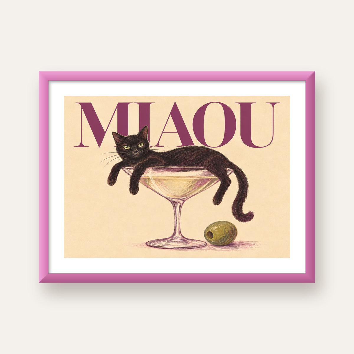 Martini Bardaklı Siyah Kedi Poster – Modern Dekor, Miaou Yazılı — pembe çerçeveli paspartulu